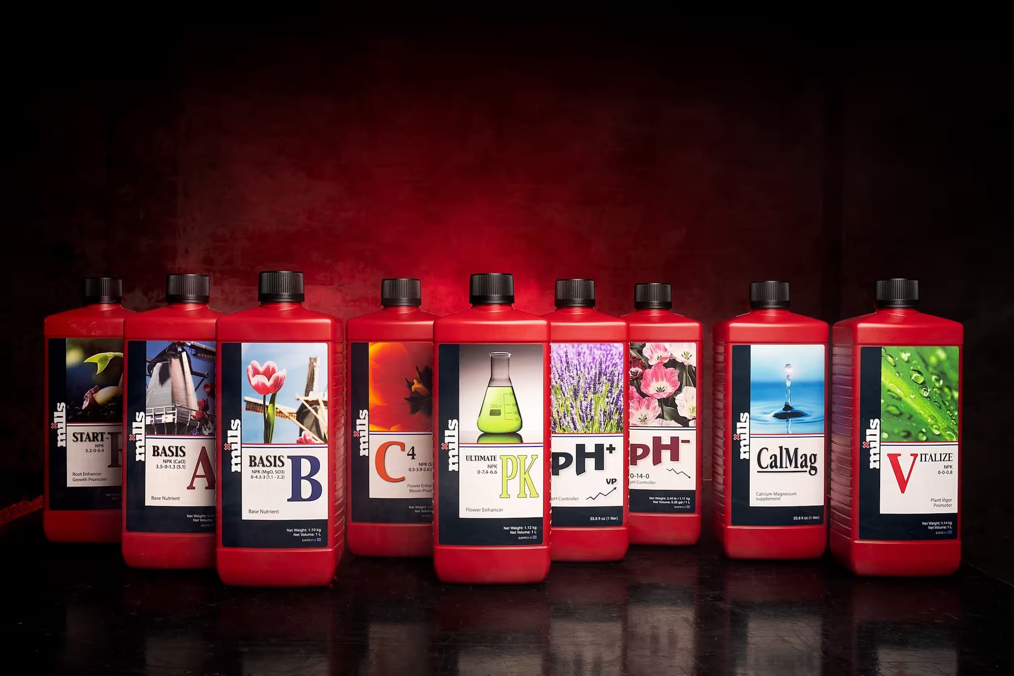 The Mills Regular Line: red 1 litre bottles with Mills Ultimate PK in the centre